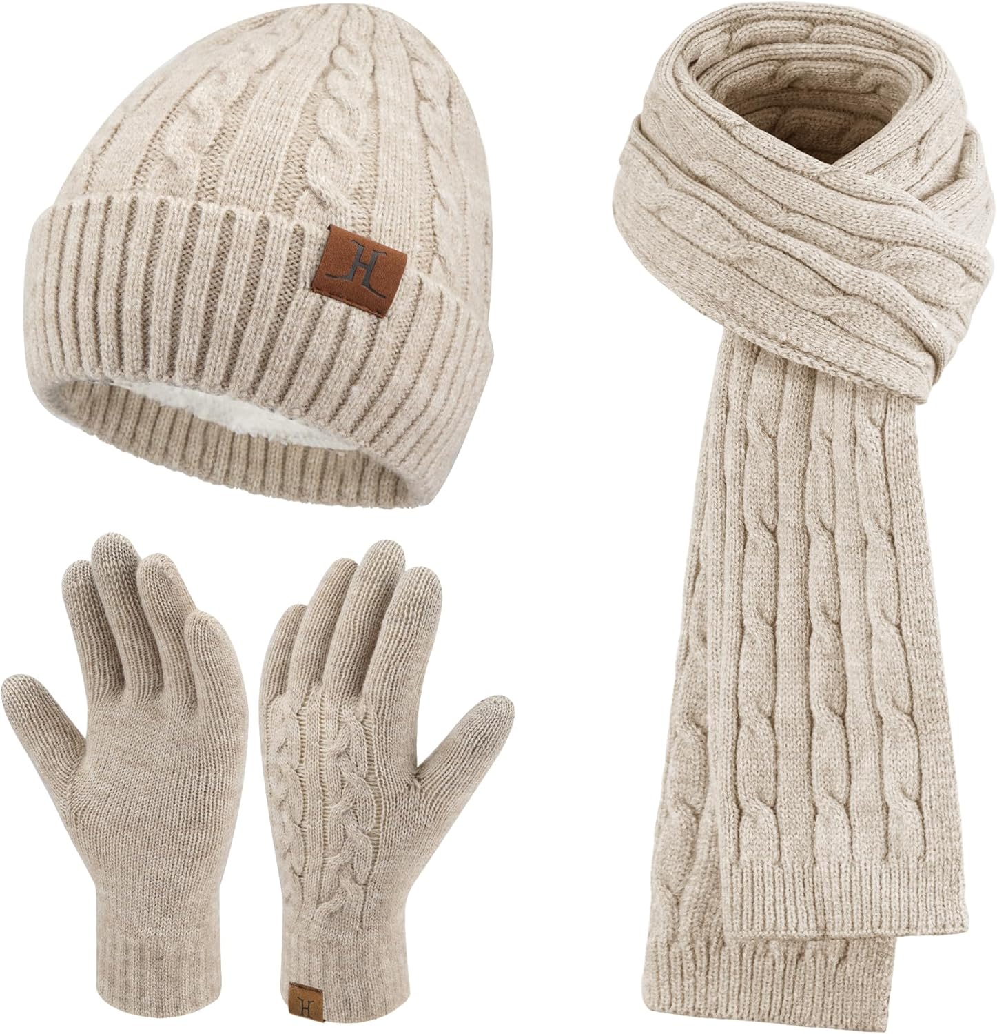 Womens Winter Beanie Hats Long Scarf Touchscreen Gloves Set Warm Knit Skull Caps Gifts for Women